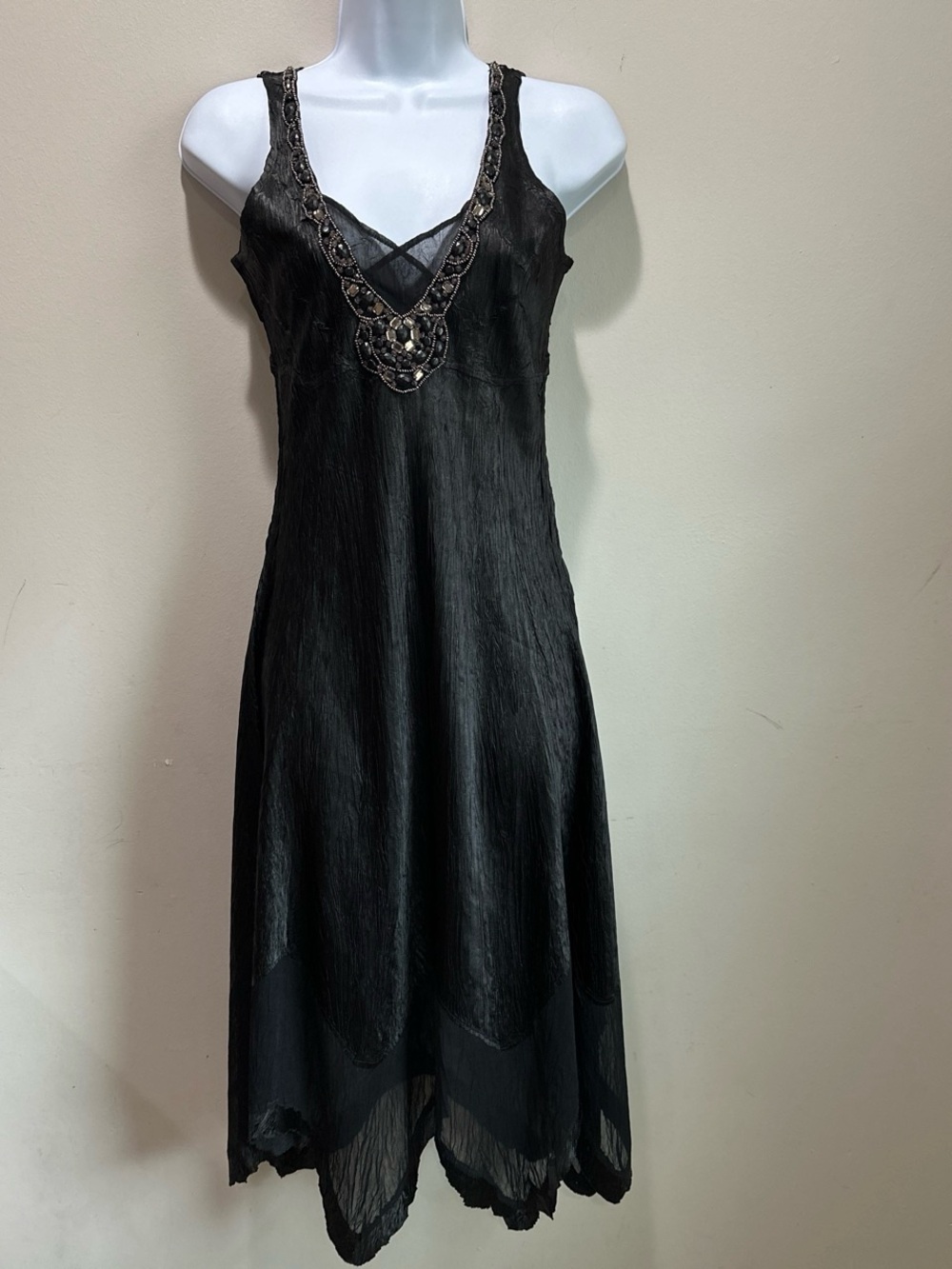 Komarov Black Sleeveless Asymmetrical V-Neck Dress with Beaded Trim